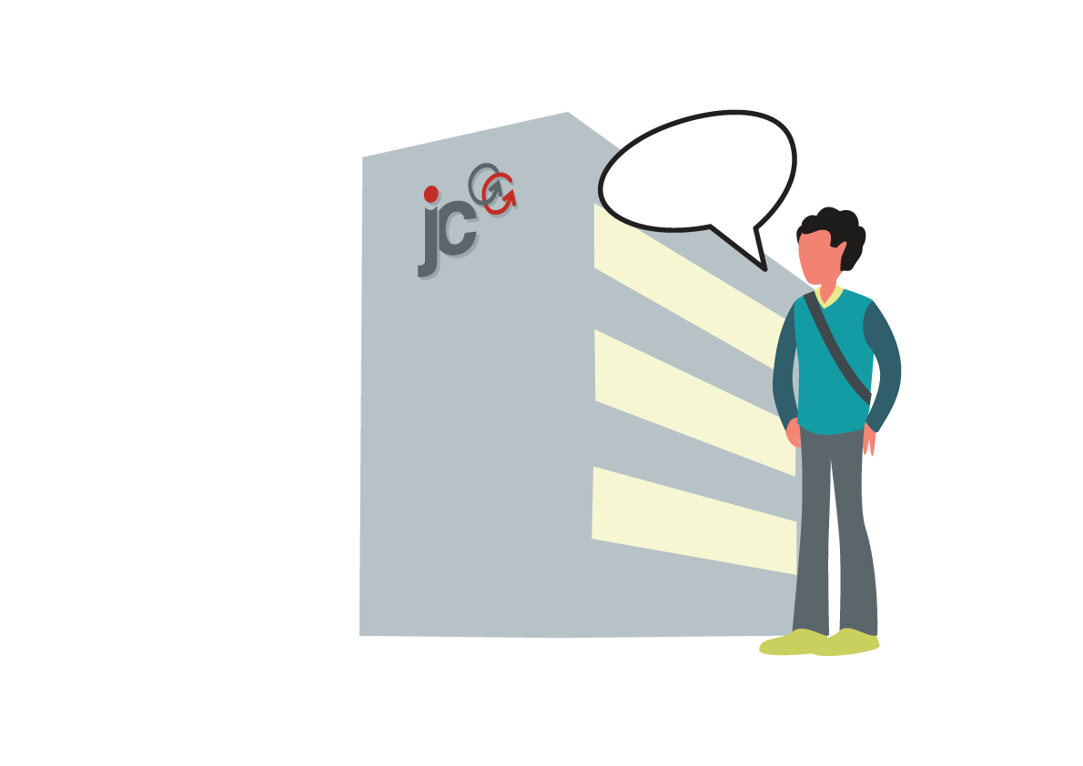 Mann mit einer Sprechblase, vor dem Gebäude des Jobcenters