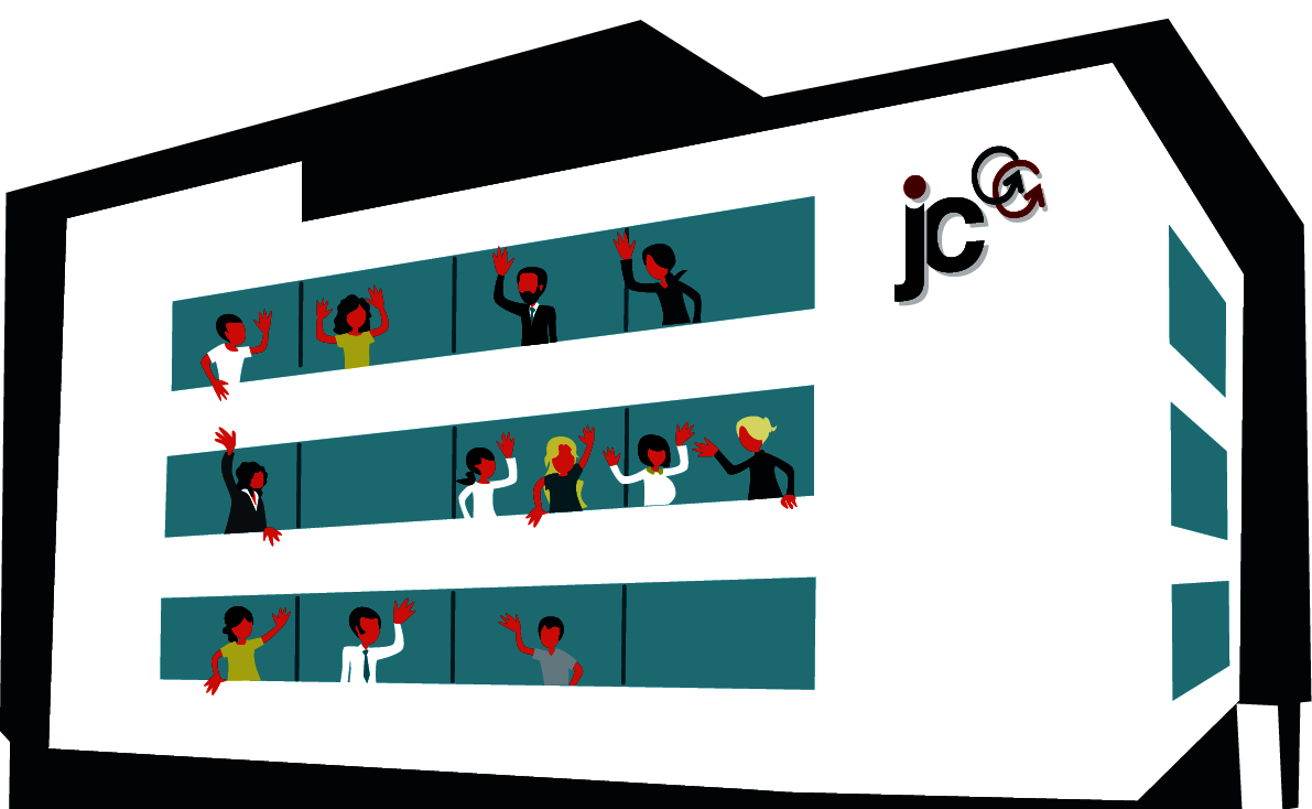 Grafik des Jobcenter-Gebäudes mit Menschen an den Fenstern