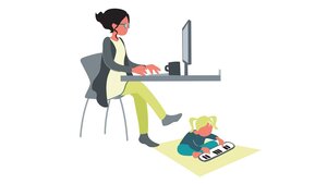 Abbildung Grafik Frau am Schreibtisch, spielendes Kind sitzt auf dem Boden